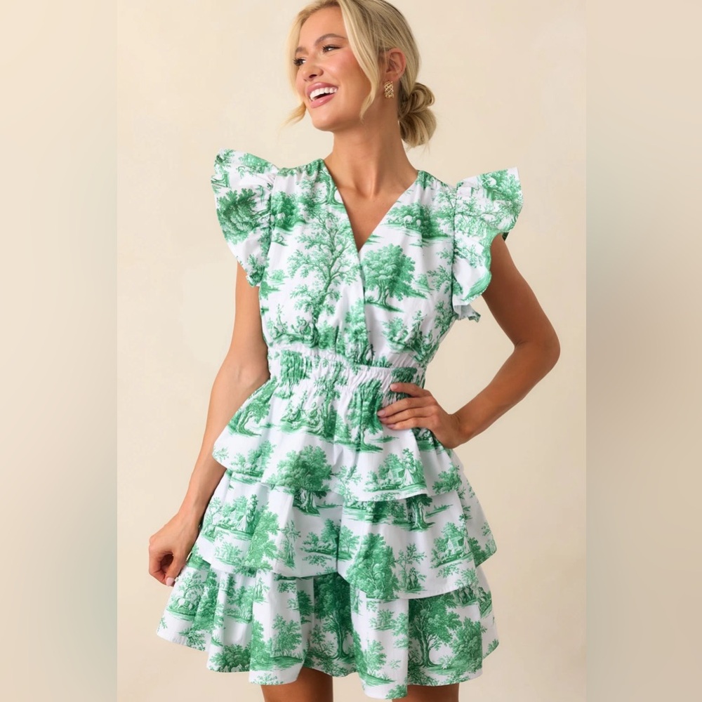 Prosperina Bridget Eden Green Toile Cotton Ruffle Mini Dress - Picture 3 of 4